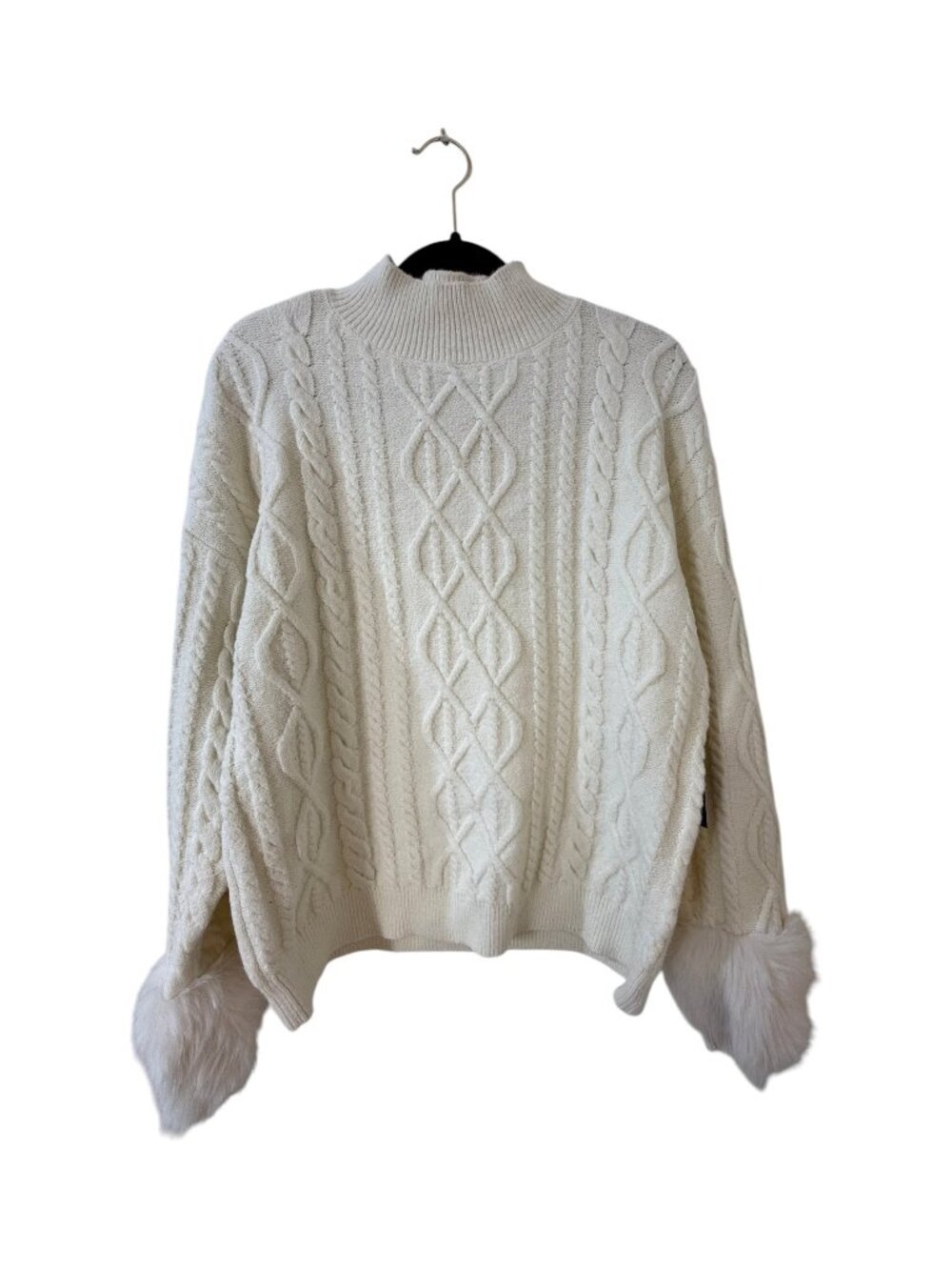 Saks Fifth Avenue Medium Ivory Cable Knit Sweater Faux Fur Trim Cuffs